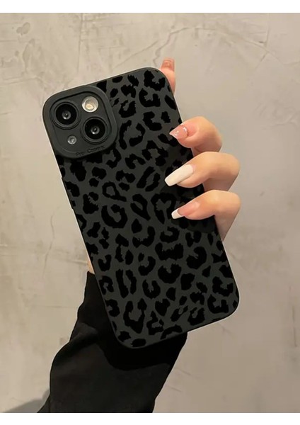 Iphone 13-14 Uyumlu Kılıf Mat Siyah Leopar Desenli Darbelere Dayanıklı Yumuşak Kamera Korumalı Kapak