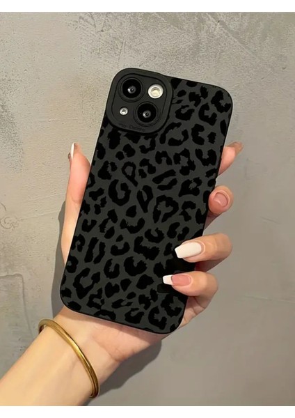 Iphone 13-14 Uyumlu Kılıf Mat Siyah Leopar Desenli Darbelere Dayanıklı Yumuşak Kamera Korumalı Kapak