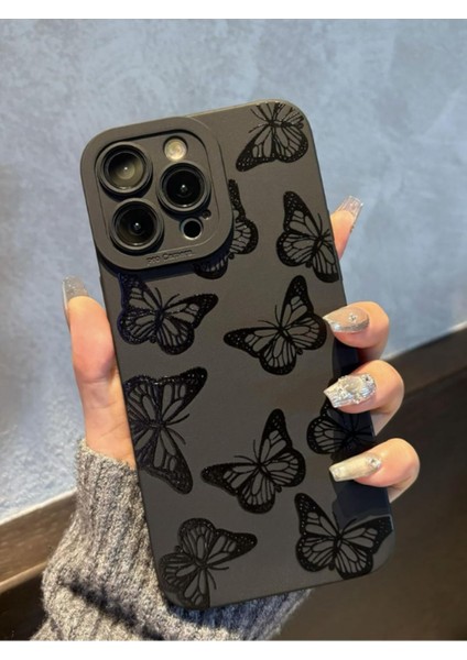 Iphone 15 Pro Max Uyumlu Kılıf Mat Siyah Kelebek Desenli Yumuşak Kamera Korumalı Kapak