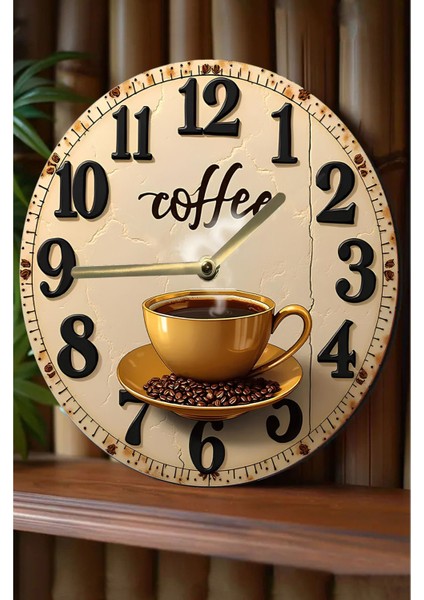 Sessiz Yuvarlak Ahşap Duvar Saati, Kuvars Coffe Desen 2d SDW028
