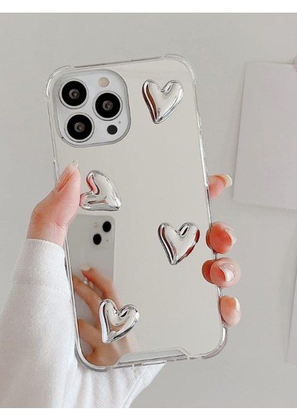 Iphone 15 Pro Max Uyumlu Aynalı Kılıf Gümüş Kalp Tasarımlı Şık Darbelere Karşı Dayanıklı Esnek Kapak