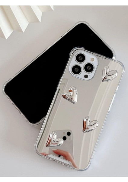 Iphone 15 Pro Max Uyumlu Aynalı Kılıf Gümüş Kalp Tasarımlı Şık Darbelere Karşı Dayanıklı Esnek Kapak fiyatları