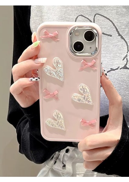 Apple iPhone 13-14 Uyumlu Kılıf Kurdele ve Kalp Figürlü Darbeye Karşı Dayanıklı Sert Silikon Kapak