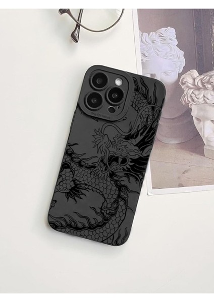 Iphone 14 Pro Max Uyumlu Kılıf Mat Siyah Ejderha Desenli Yumuşak Kamera Korumalı Kapak