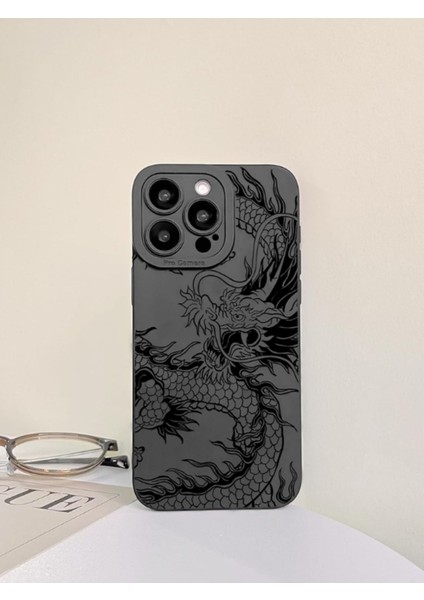 Iphone 14 Pro Max Uyumlu Kılıf Mat Siyah Ejderha Desenli Yumuşak Kamera Korumalı Kapak