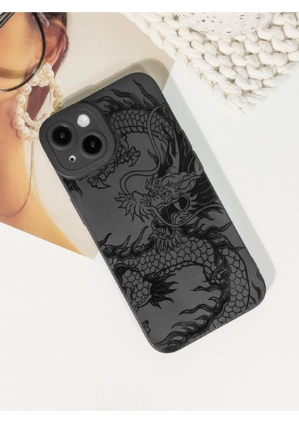 Iphone 13-14 Uyumlu Kılıf Mat Siyah Ejderha Desenli Dayanıklı Yumuşak Kamera Korumalı Kapak modelleri