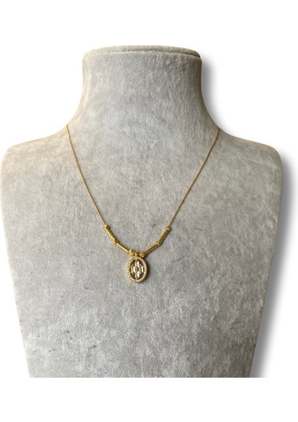 Gold Oval Baget Uçlu Taşlı Bijuteri Kolye