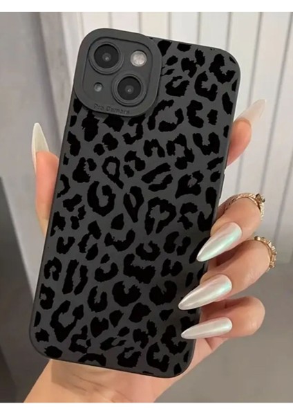 Iphone 15 Plus / 14 Plus Uyumlu Kılıf Mat Siyah Leopar Desenli Yumuşak Kamera Korumalı Kapak