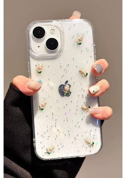 Apple iPhone 13-14 Uyumlu Kılıf Simli Gül Darbeye Karşı Dayanıklı Yumuşak Silikon Kapak