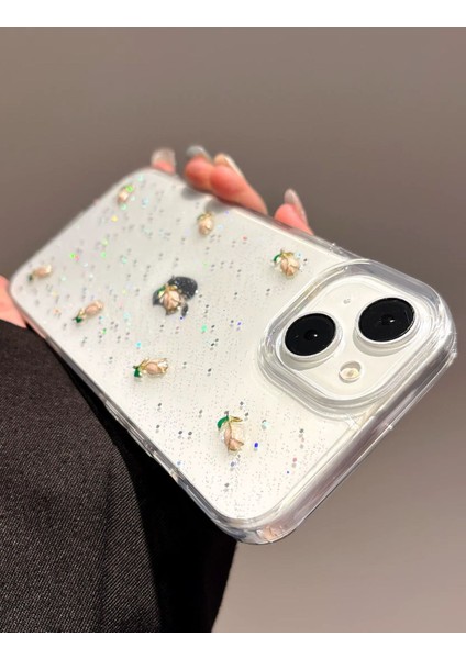Apple iPhone 13-14 Uyumlu Kılıf Simli Gül Darbeye Karşı Dayanıklı Yumuşak Silikon Kapak