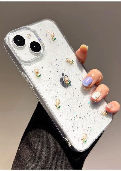 Apple iPhone 13-14 Uyumlu Kılıf Simli Gül Darbeye Karşı Dayanıklı Yumuşak Silikon Kapak