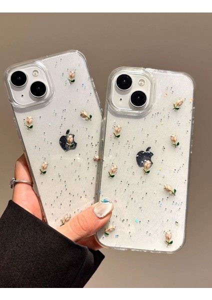 Apple iPhone 13-14 Uyumlu Kılıf Simli Gül Darbeye Karşı Dayanıklı Yumuşak Silikon Kapak