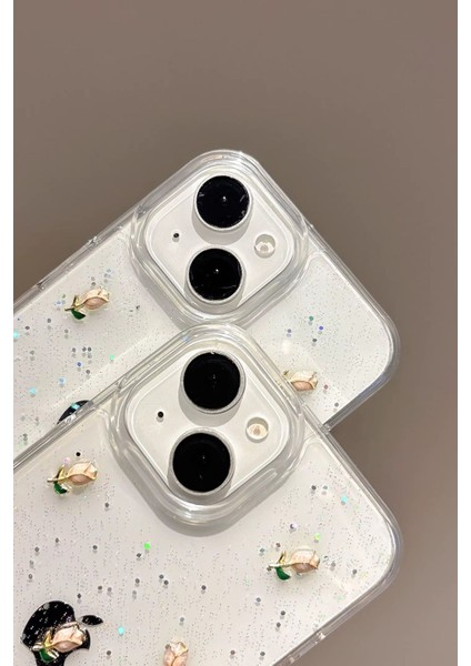 Apple iPhone 13-14 Uyumlu Kılıf Simli Gül Darbeye Karşı Dayanıklı Yumuşak Silikon Kapak