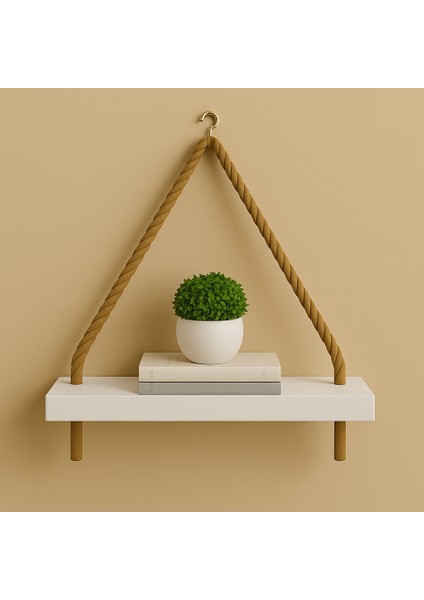 Hasır Ipli Tekli Uçan Duvar Rafı - Beyaz Mdf 45X15 cm | Modern Dekoratif Askılı Raf