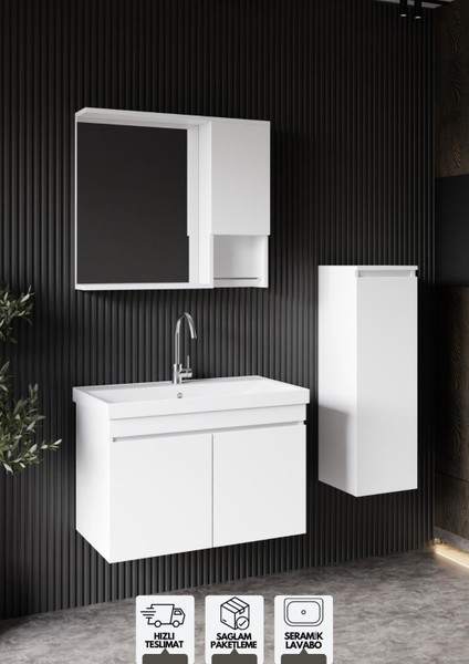 Deniz 80 cm Lavabolu, Aynalı Banyo Dolabı, Lavabo Dahil, Boy Dolabı Dahil, Beyaz