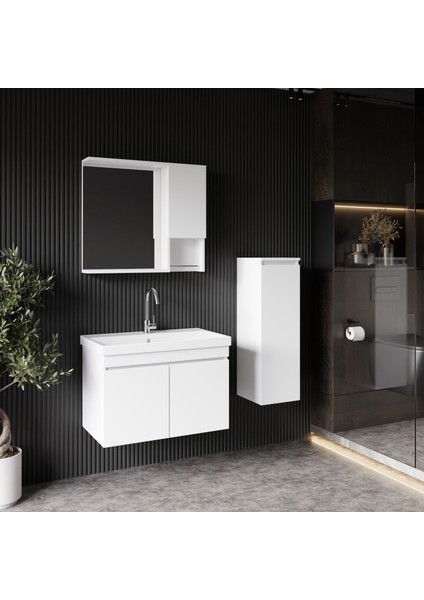 Deniz 80 cm Lavabolu, Aynalı Banyo Dolabı, Lavabo Dahil, Boy Dolabı Dahil, Beyaz fiyatları