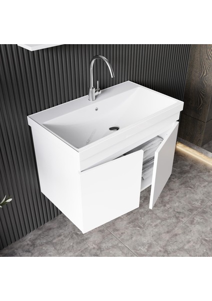 Deniz 80 cm Lavabolu, Aynalı Banyo Dolabı, Lavabo Dahil, Boy Dolabı Dahil, Beyaz fırsatları
