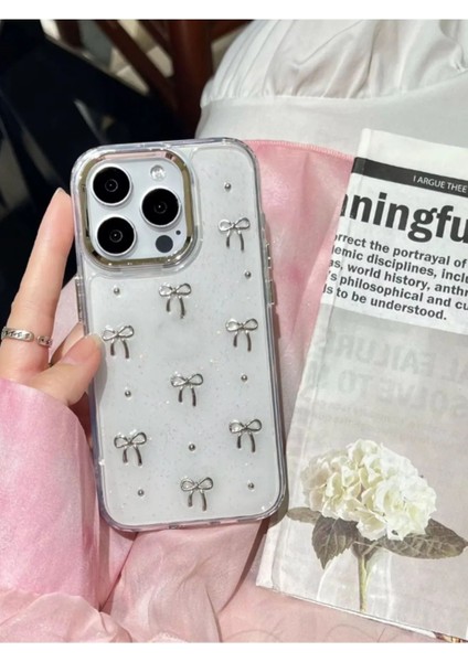 Apple iPhone 12 Pro Max Uyumlu Fiyonk Desenli Şeffaf Kılıf Simli Darbeye Karşı Dayanıklı Kapak