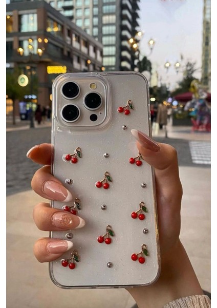 Apple iPhone 15 Pro Uyumlu Epoksi Kiraz Desenli Şeffaf Kılıf Simli Darbeye Karşı Dayanıklı Kapak
