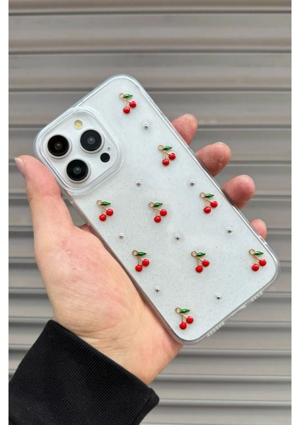 Apple iPhone 15 Pro Uyumlu Epoksi Kiraz Desenli Şeffaf Kılıf Simli Darbeye Karşı Dayanıklı Kapak fiyatları