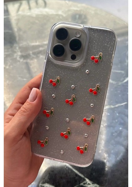 Apple iPhone 15 Pro Uyumlu Epoksi Kiraz Desenli Şeffaf Kılıf Simli Darbeye Karşı Dayanıklı Kapak modelleri