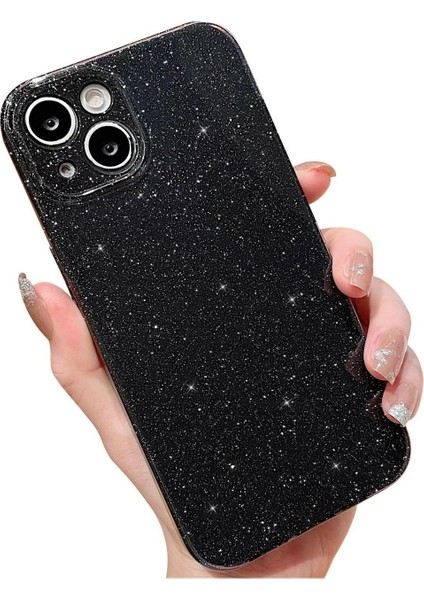 Iphone 13-14 Uyumlu Kılıf Simli Ince Darbeye Dayanıklı Silikon Parlak Kılıf Yumuşak Kapak Siyah
