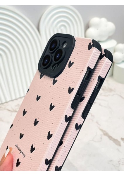 iPhone 13 Pro Max Kılıf Siyah Kalp Desenli Kamera Korumalı Estetik Zarif Yumuşak Silikon Kapak