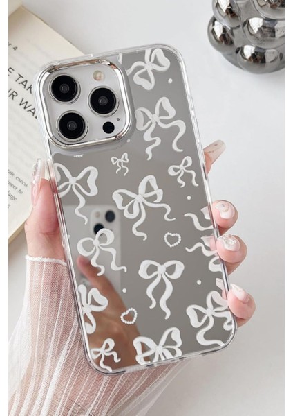 Apple iPhone 14 Pro Max Uyumlu Aynalı Kılıf Beyaz Fiyonk Desenli Darbelere Dayanıklı Kapak
