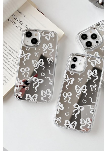 Apple iPhone 14 Pro Max Uyumlu Aynalı Kılıf Beyaz Fiyonk Desenli Darbelere Dayanıklı Kapak fiyatları