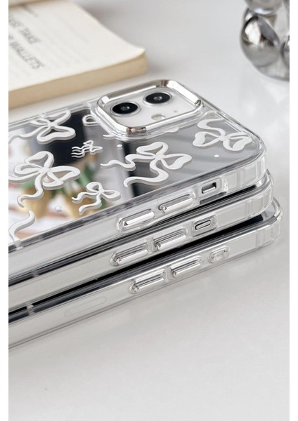 Apple iPhone 14 Pro Max Uyumlu Aynalı Kılıf Beyaz Fiyonk Desenli Darbelere Dayanıklı Kapak modelleri