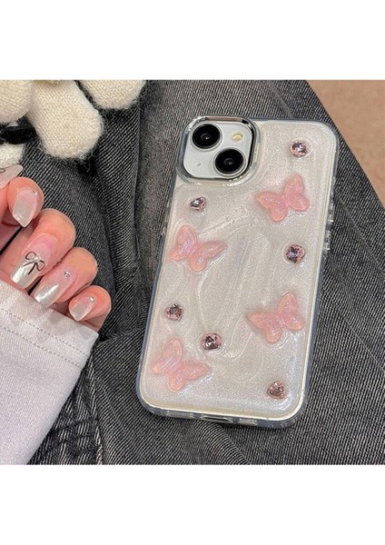 Apple iPhone 13-14 Uyumlu Pembe Kelebek Desenli Şeffaf Kılıf Simli Darbeye Karşı Dayanıklı Kapak