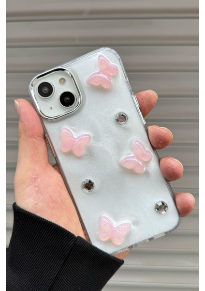 Apple iPhone 13-14 Uyumlu Pembe Kelebek Desenli Şeffaf Kılıf Simli Darbeye Karşı Dayanıklı Kapak fiyatları