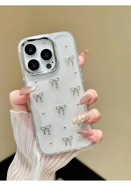 Apple iPhone 15 Pro Max Uyumlu Fiyonk Desenli Şeffaf Kılıf Simli Darbeye Karşı Dayanıklı Kapak