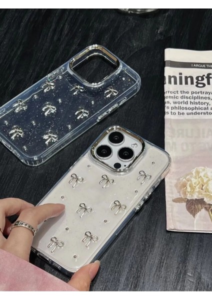 Apple iPhone 15 Pro Max Uyumlu Fiyonk Desenli Şeffaf Kılıf Simli Darbeye Karşı Dayanıklı Kapak modelleri