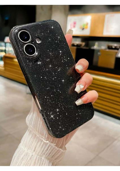 Apple iPhone 16 Kılıf Simli Ince Darbe Dayanıklı Silikon Parlak Yumuşak Kapak Siyah