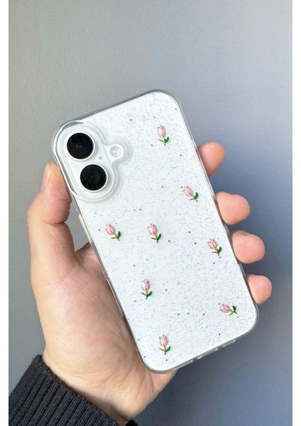 Apple iPhone 16 Uyumlu Kılıf Simli Gül Darbeye Karşı Dayanıklı Yumuşak Silikon Kapak