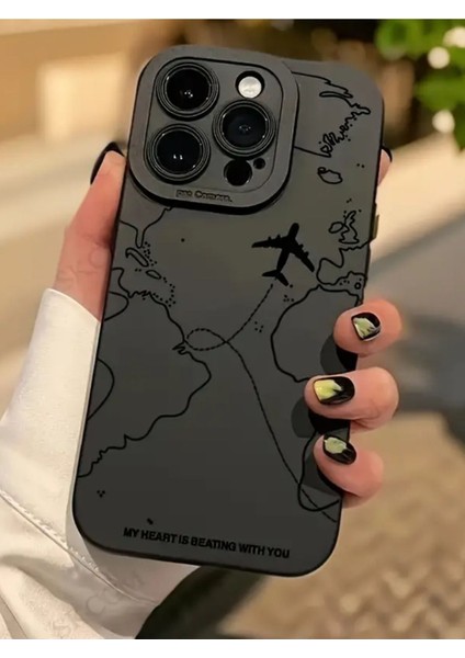 Iphone 16 Pro Uyumlu Kılıf Mat Siyah Harita Desenli Yumuşak Kamera Korumalı Kapak modelleri