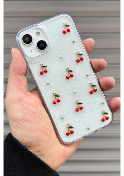 Apple iPhone 15 Uyumlu Epoksi Kiraz Desenli Şeffaf Kılıf Simli Darbeye Karşı Dayanıklı Kapak
