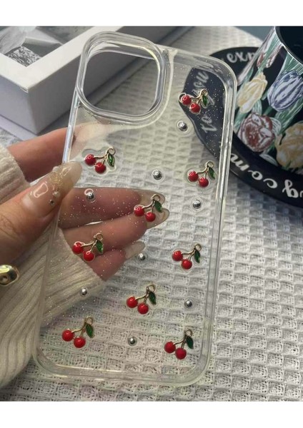 Apple iPhone 15 Uyumlu Epoksi Kiraz Desenli Şeffaf Kılıf Simli Darbeye Karşı Dayanıklı Kapak modelleri