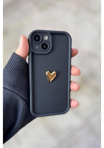 Iphone 15 Plus Uyumlu Kılıf 3D Gold Kalp Darbelere Dayanıklı Yumuşak Kamera Korumalı Kapak Siyah fiyatları