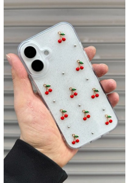 Apple iPhone 16 Uyumlu Epoksi Kiraz Desenli Şeffaf Kılıf Simli Darbeye Karşı Dayanıklı Kapak