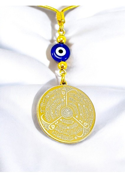 Yassı Nazar Detaylı Altın Renkli Çelik Çift Taraflı Ayetel Kürsi, Felak Nas Ihlas Dikiz Ayna Süsü fiyatları