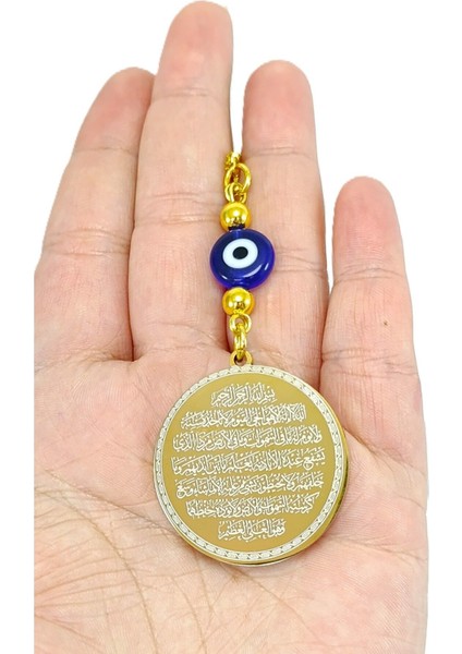 Yassı Nazar Detaylı Altın Renkli Çelik Çift Taraflı Ayetel Kürsi, Felak Nas Ihlas Dikiz Ayna Süsü modelleri