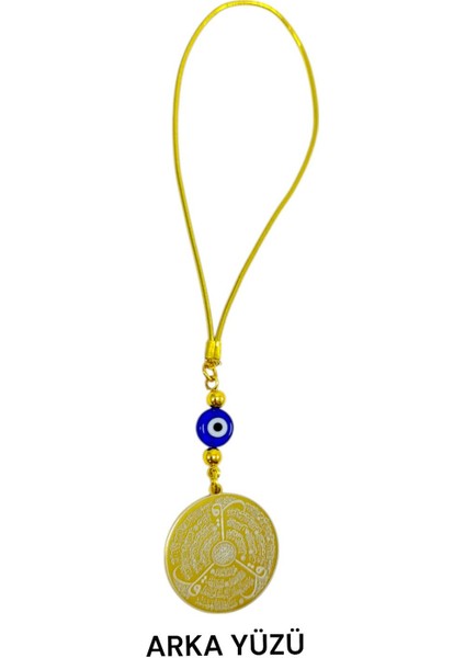 Yassı Nazar Detaylı Altın Renkli Çelik Çift Taraflı Ayetel Kürsi, Felak Nas Ihlas Dikiz Ayna Süsü