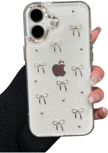 iPhone 16 Plus Uyumlu Fiyonk Desenli Şeffaf Kılıf Simli Darbeye Karşı Dayanıklı Kapak