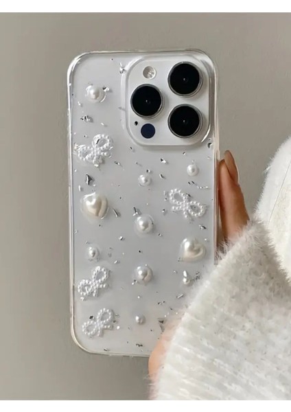 Apple iPhone 16 Pro Max Uyumlu Inci Kalpli Fiyonk Şeffaf Kılıf Simli Darbeye Karşı Dayanıklı Kapak
