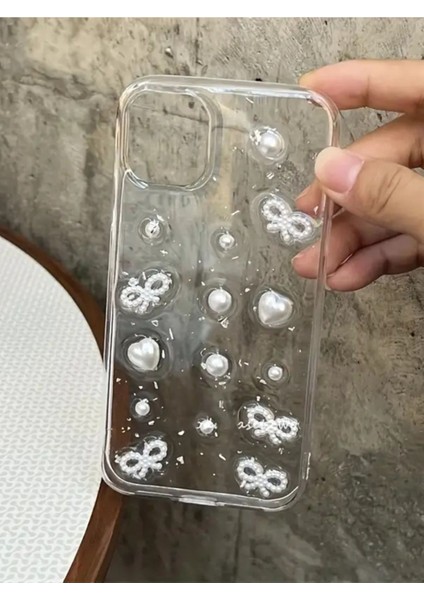 Apple iPhone 16 Pro Max Uyumlu Inci Kalpli Fiyonk Şeffaf Kılıf Simli Darbeye Karşı Dayanıklı Kapak modelleri