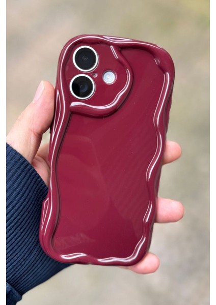 Iphone 16 Uyumlu Kılıf Dalgalı Kenarlı Şık Darbelere Karşı Dayanıklı Yumuşak Silikon Kapak Bordo