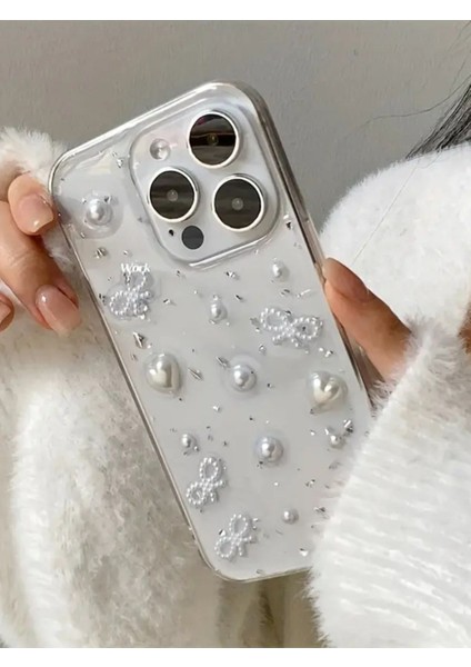 Apple iPhone 15 Pro Max Uyumlu Inci Kalpli Fiyonk Şeffaf Kılıf Simli Darbeye Karşı Dayanıklı Kapak modelleri