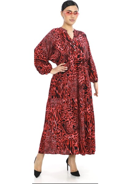 Büyük Beden Leopar Desenli Yazlık Pamuklu Viskon Kumaş Balon Kol Tesettür Elbise